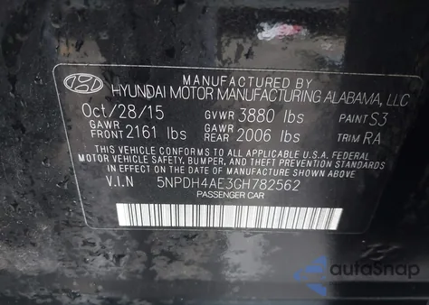 2016 Hyundai Elantra Se from USA, damaged, VIN 5NPDH4AE3GH782562